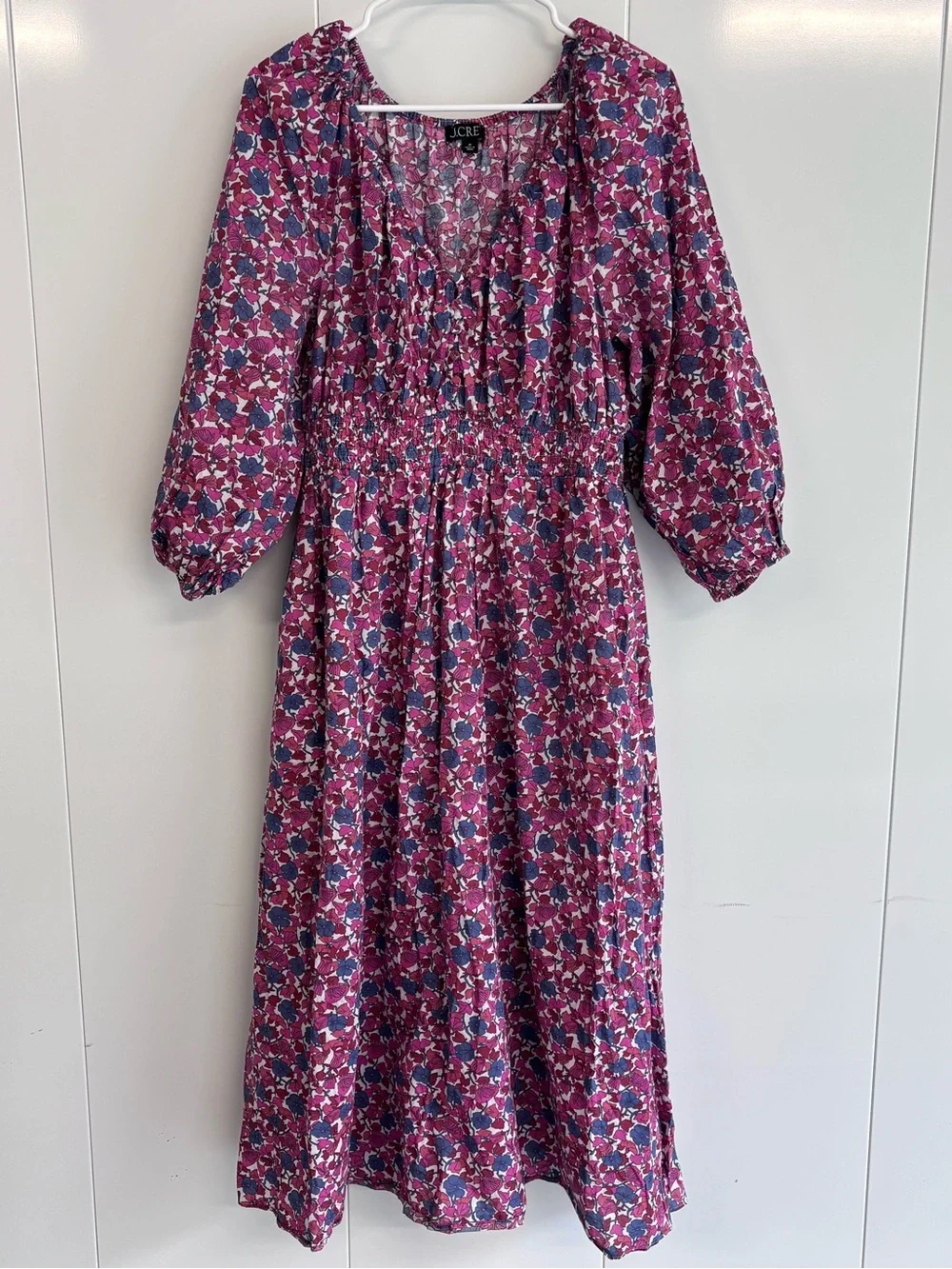 J.Crew Berry Floral Smocked Waist Long Sleeve Midi Dress Size Medium 100% Cotton